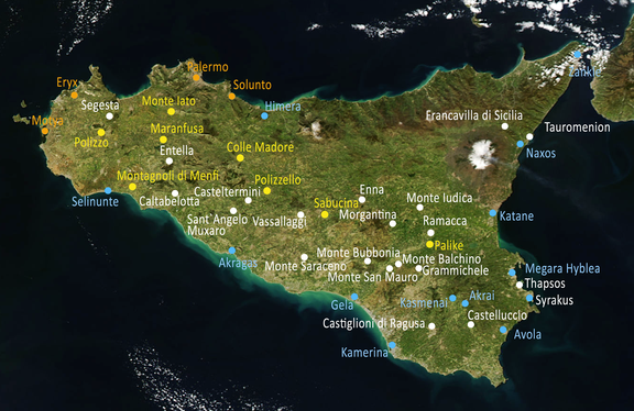 Map of Sicily with local, greek and punic sites
