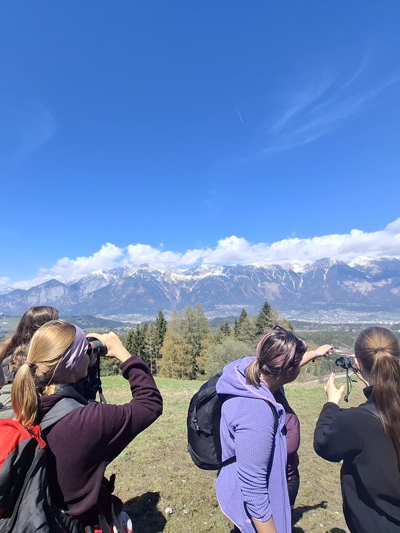 Studentengruppe mit Ferngläsern mit Blick in die Ferne