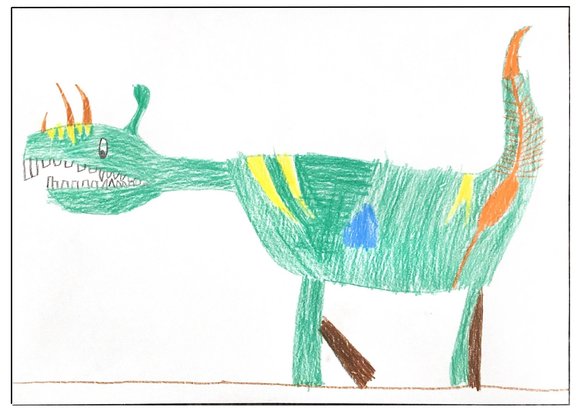 Kinderzeichnung: Ein hauptsächlich grüner Drache, gezeichnet mit Buntstiften
