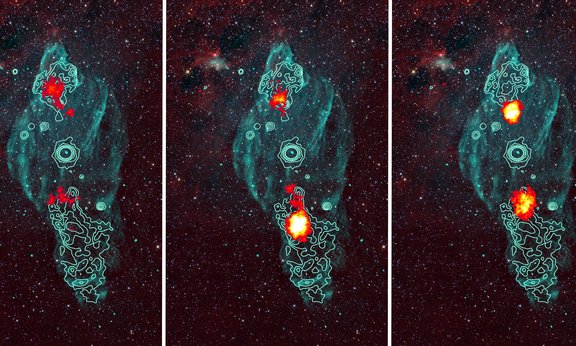 Drei Darstellungen der galaktischen Region vor schwarzem Hintergrund.