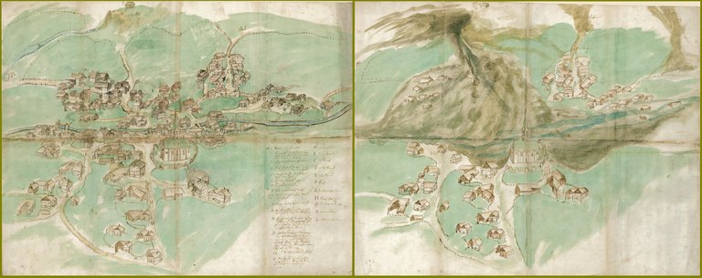 Die Abbildung zeigt den Ort Umhausen im Ötztal/Nordtirol vor (links) und nach (rechts) dem verheerenden Murenabgang im Jahr 1762