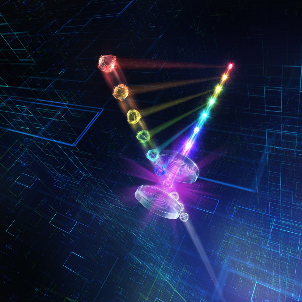 Ions shuttled through optical cavity, which sequentially get entangled with a photon emitted into the cavity.