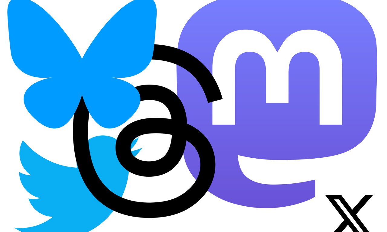 Logos der Plattformen Mastodon, Bluesky, Threads, X und Twitter
