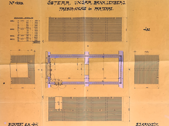 Sicherung von Wänden und Decke des Tresors der Filiale Lemberg mit Kreuzstahlschienen. Zeichnung der Firma Arnheim, 1911. © OeNB/Bankhistorisches Archiv, bearbeitet von Tobias Möllmer