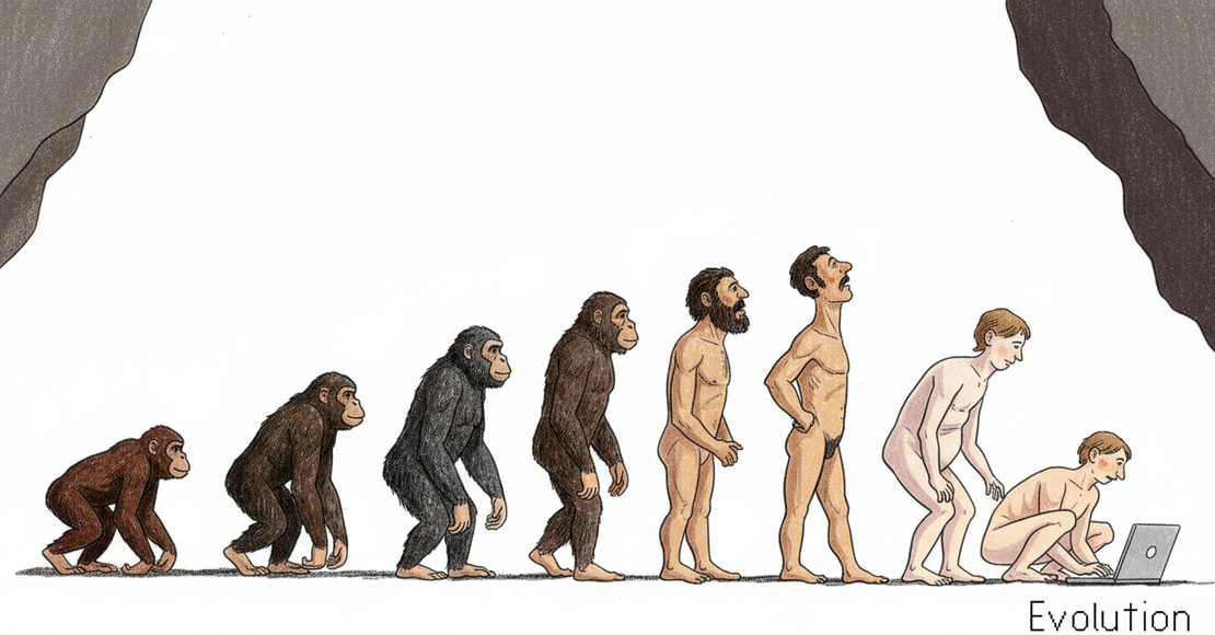 Vom hockenden Affen zum Menschen mit aufrechten Gang zum Hocken vor dem Computer