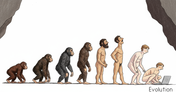 Vom hockenden Affen zum Menschen mit aufrechten Gang zum Hocken vor dem Computer