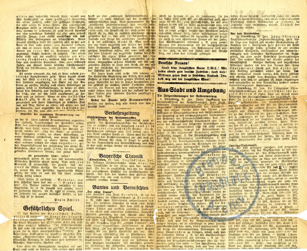 Nürnberger Anzeiger. Nürnberger Morgen-Zeitung. Organ für Vertretung aller freiheitlichen Volks-Interessen. Montag, 29. Januar 1923, 1–2.