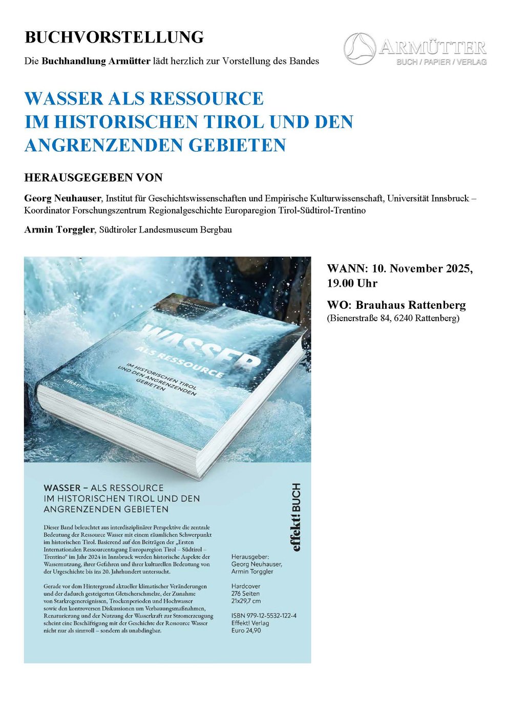 Einldaung zur Buchvorstellung des Bandes Wasser als Ressource am 10. November 2025 um 19.00 Uhr im Brauhaus Rattenberg