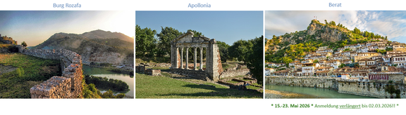 Nebeneinander drei Fotos aus Albanien: Festungshügel mit Burg Rozafa, Apollonia, Berat