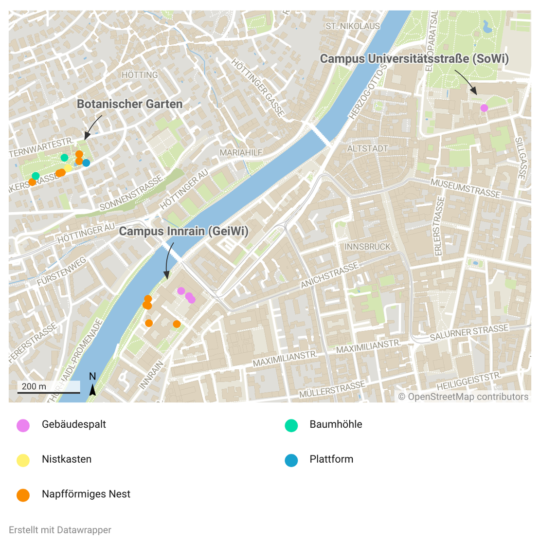 Landkarte von Innsbruck mit eingetragenden Fundorten von Vogelnestern auf Unigelände