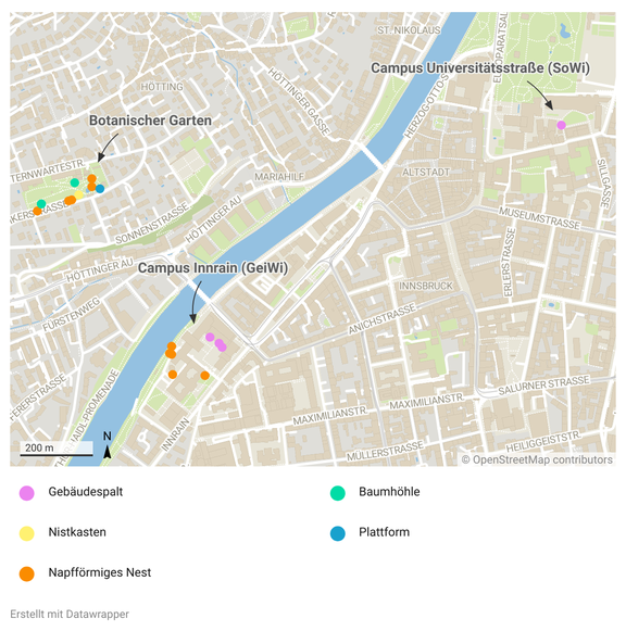 Landkarte von Innsbruck mit eingetragenden Fundorten von Vogelnestern auf Unigelände