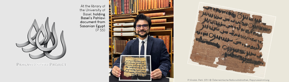 Milad Abedi und das Pahlavi-Papyri-Projekt Collage aus dem dem Projekt-Logo links, in der Mitte Milad Abedi in einer Bibliothek mit Papyrusfragment in den Händen, rechts noch ein Papyrus
