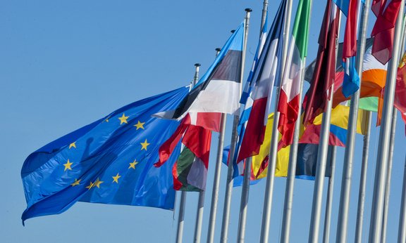 A row of flagpoles against a bright blue sky. In the foreground, the European flag flies, followed by the national flags of EU Member States (including Estonia, France and Italy).