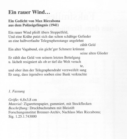 Ein Gedicht von Max Riccabona aus dem Polizeigefängnis (1941); Transkription