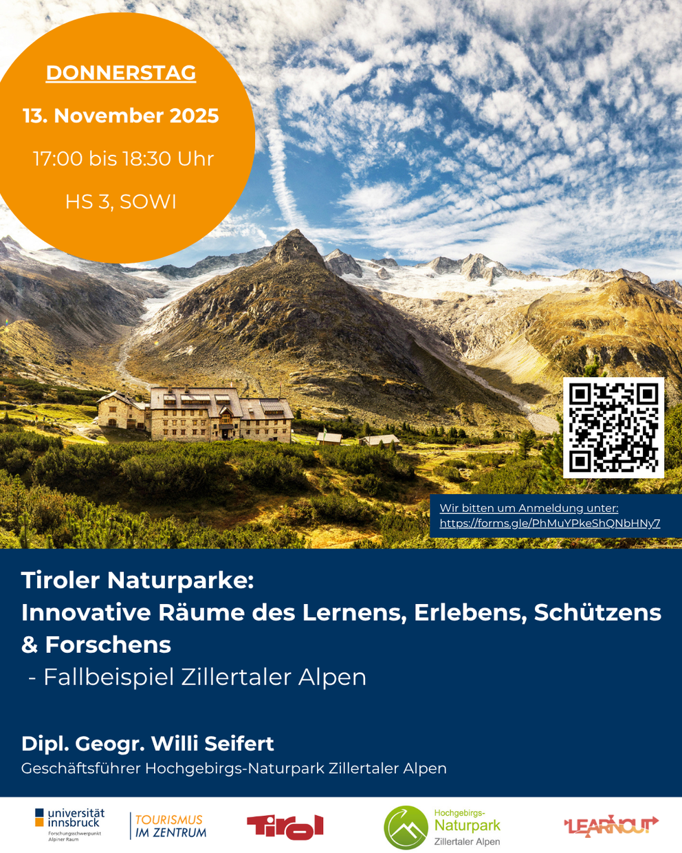 Veranstaltungsplakat für den Vortrag am 13.11.2025 von 17:00-18:30 Uhr im Hörsaal 3, SoWi von Dipl. Geogr. Willi Seifert