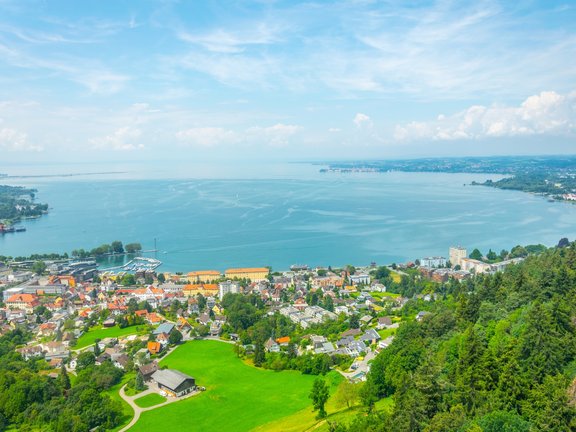 Aerial view of Bodensee/ lake constance with historical cities of Lindau and Bregenz