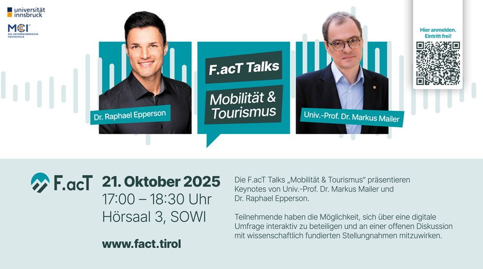 F.acT Talks zum Thema Mobilität und Tourismus mit Dr. Raphael Epperson und Univ.-Prof. Dr. Markus Mailer. Am 21.10.2025 von 17:00 - 18:30 Uhr im Hörsaal 3, SoWi. Eintritt frei. QR Code zur Anmeldung.