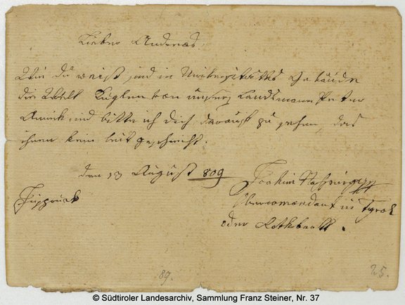 Ein Brief von Pater J. J. Haspinger an A. Hofer