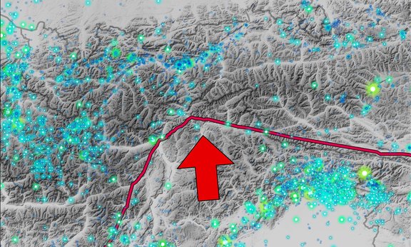 Map of the central Eastern Alps with earthquake events dating back to the Middle Ages. Clusters of earthquakes indicate where the earth's crust deforms more often due to rupture processes.