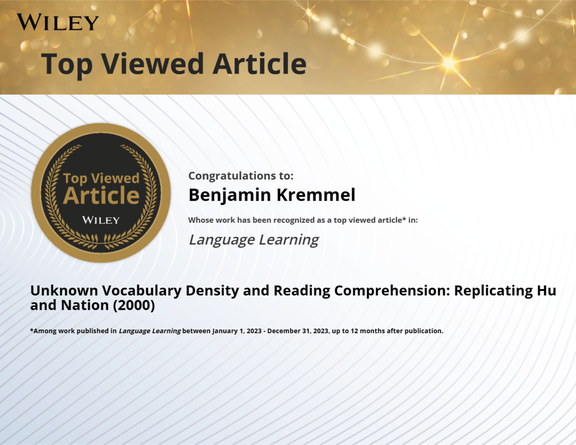 Certificate for article by Benjamin Kremmel on Unknown Vocabulary Density