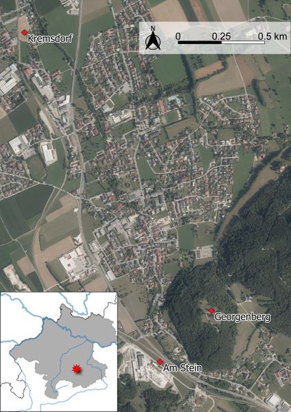 Karte der drei frühmittelalterlichen Gräberfelder im Raum Micheldorf, OÖ: Am Stein – Kremsdorf – Georgenberg