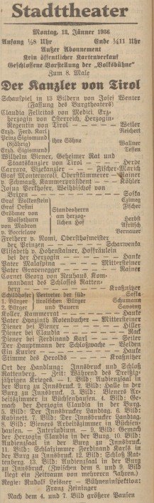Anzeige im Grazer Volksblatt zum Theaterstück zum Kanzler Biener von Tirol um 1963