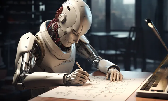 A robot sits at a desk and writes something on a piece of paper.