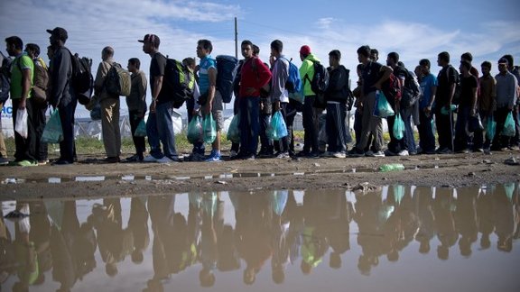 "Migrants and refugees queue at a camp near Gevgelija" by Nikolay Doychinov