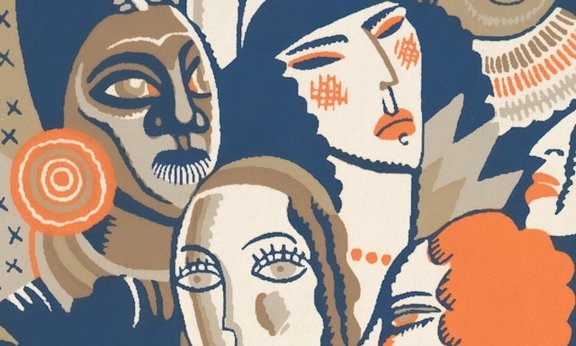 Stilisiertes Gruppenporträt verschiedener Gesichter mit kräftigen Linien.