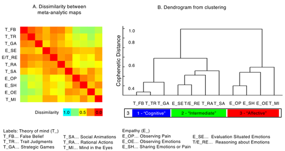 Graph showing A) Dissimilarity between meta-analytics maps and B) Dendrogram from custering