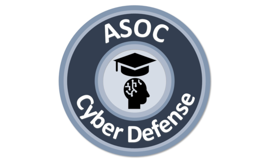 Es zeigt das Logo von ASOC und steht in einem Kreis, Cyber Defense und in der Mitte sind zwei Icons in schwarz, oberhalb ein typischer Absolvent:innenhut und unterhalb ein Kopf im Seitenprofil