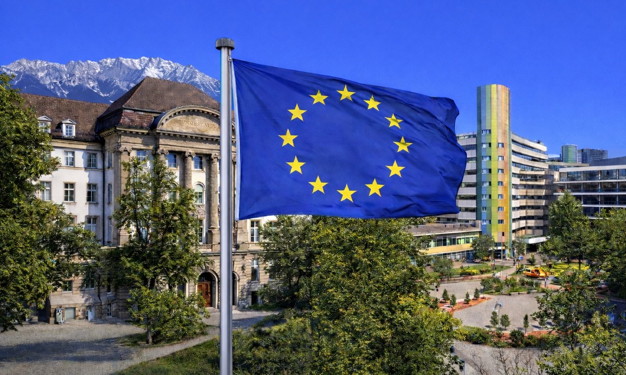 Das Bild ist eine Montage aus den Universitätsgebäuden der Universitäten Innsbruck und Duisburg Essen, im Vordergrund ist große die EU Flagge zu sehen.
