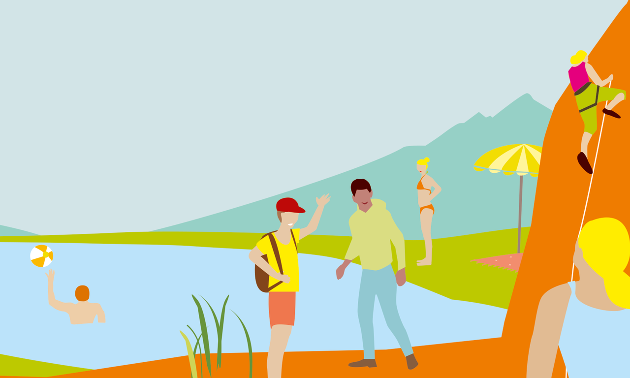 Illustration mehrerer Personen bei Freizeitaktivitäten