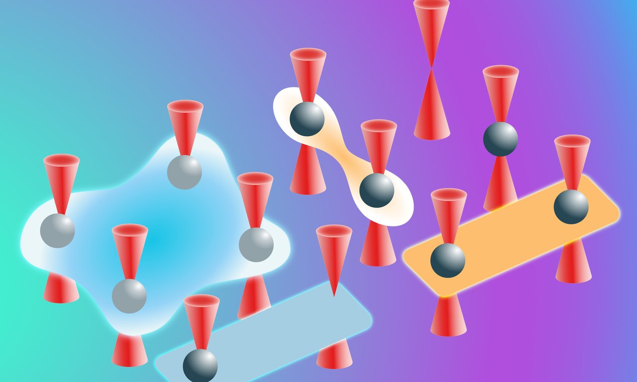 Illustration with red triangles and shapes representing laser pincers