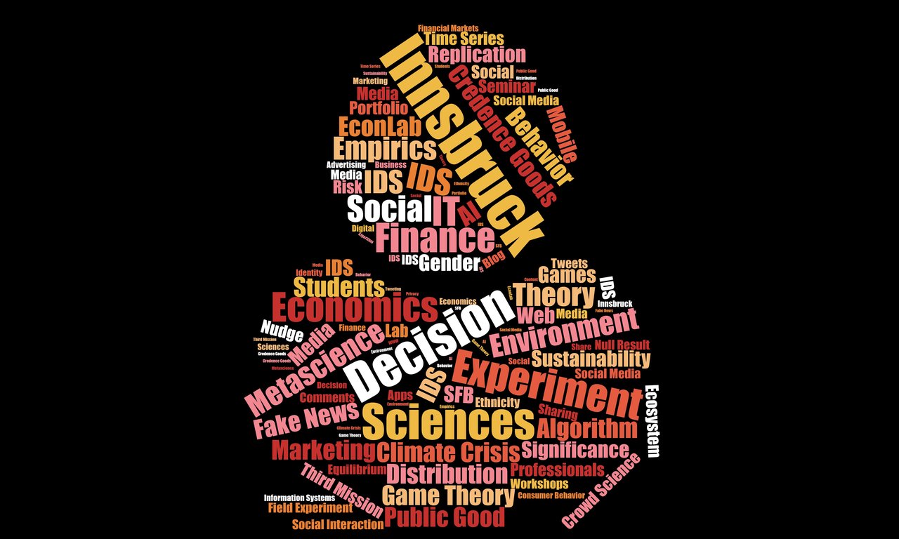 Wortwolke von Begriffen, die zu den Decision Sciences passen, in einer menschlichen Silhouette angeordnet (Kopf und Oberkörper).
