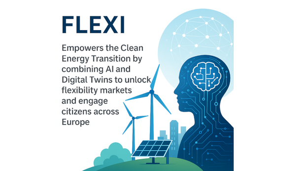 Vektorgrafik rechts mit einem Mensch und vielen Verbindungen mit Punkten und links nebenan Windräder und Solarpanele und Gebäude auf einem Grashügel