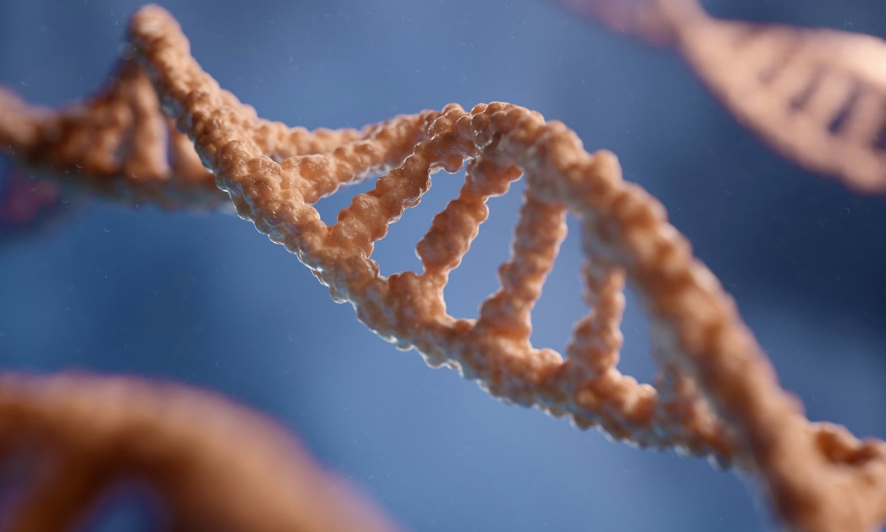 Spiralform von DNA als Grafik vor blauem Hintergrund.
