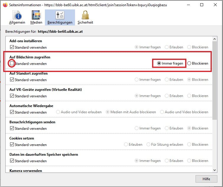 Seiteninformationen Firefox Einstellungen