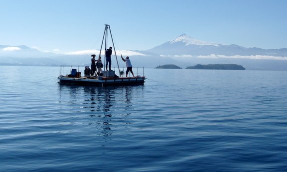 Researchers taking sediment cores on Chilean lake Calafquén