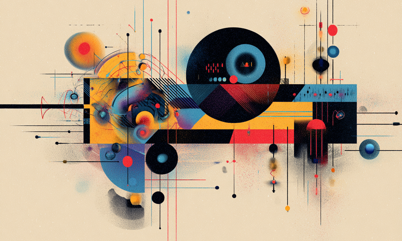 Abstrakte Illustration mit bunten Farben, Kugeln und Linien auf gelbem Hintergrund.
