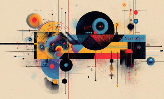 Abstrakte Illustration mit bunten Farben, Kugeln und Linien auf gelbem Hintergrund.