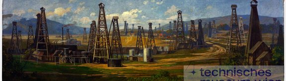 Bohrtürme für die Erdölförderung, Darstellung der Industrielandschaft um Boryslaw, Galizien. Öl auf Leinwand, gefirnisst. Signiert R. Völkel. Vermutlich Reinhold Völkel, um 1910.