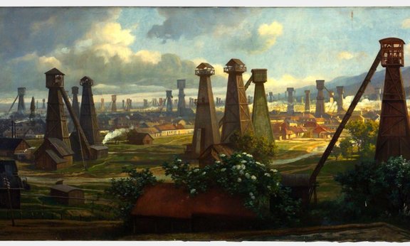 Reinhold Völkel: Bohrtürme für die Erdölförderung in Boryslaw, Galizien. Öl auf Leinwand, um 1910.