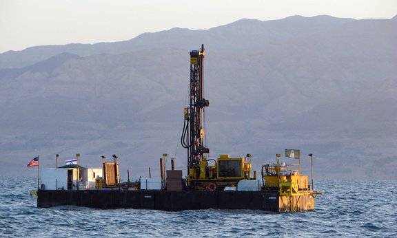 Ship drilling cores in the Dead Sea