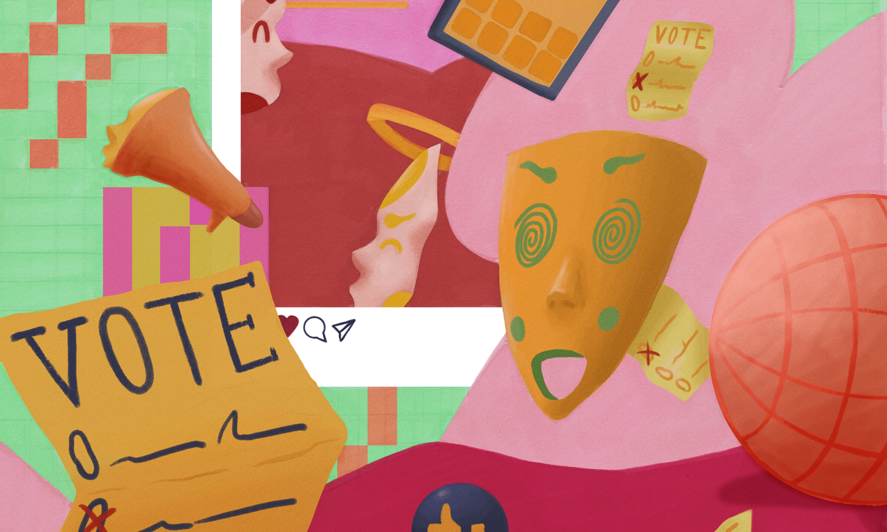 Das Bild zeigt eine bunte Collage, die traditionelle Elemente des Wählens, wie Papierstimmzettel, mit modernen oder digitalen Aspekten kombiniert und die vielschichtige Natur zeitgenössischer Wahlen repräsentiert.