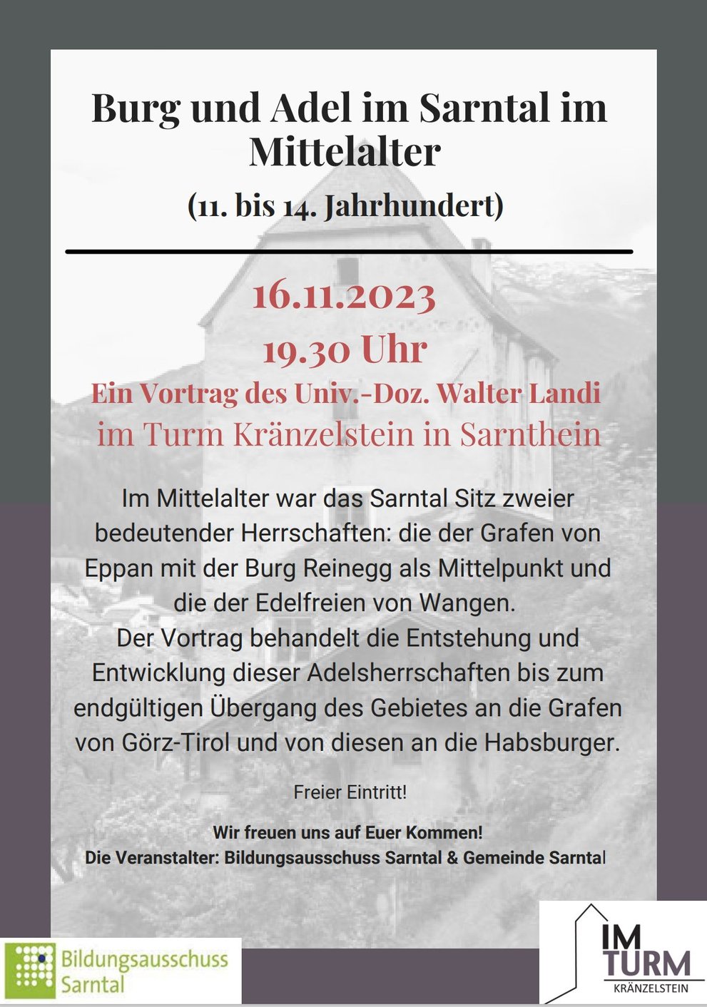 Einladung Vortrag Landi Walter "Burg und Adel im Sarntal im Mittelalter"