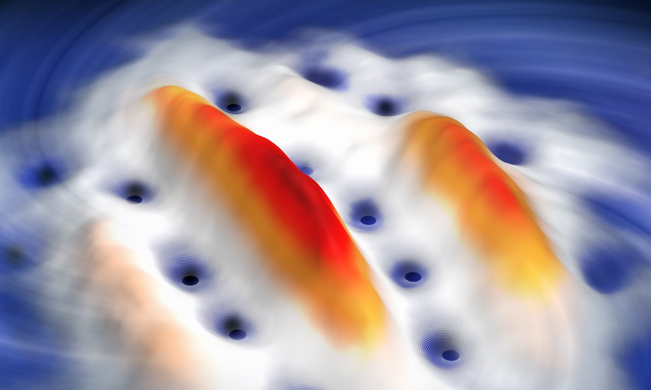 Illustration with red stripes and blue holes