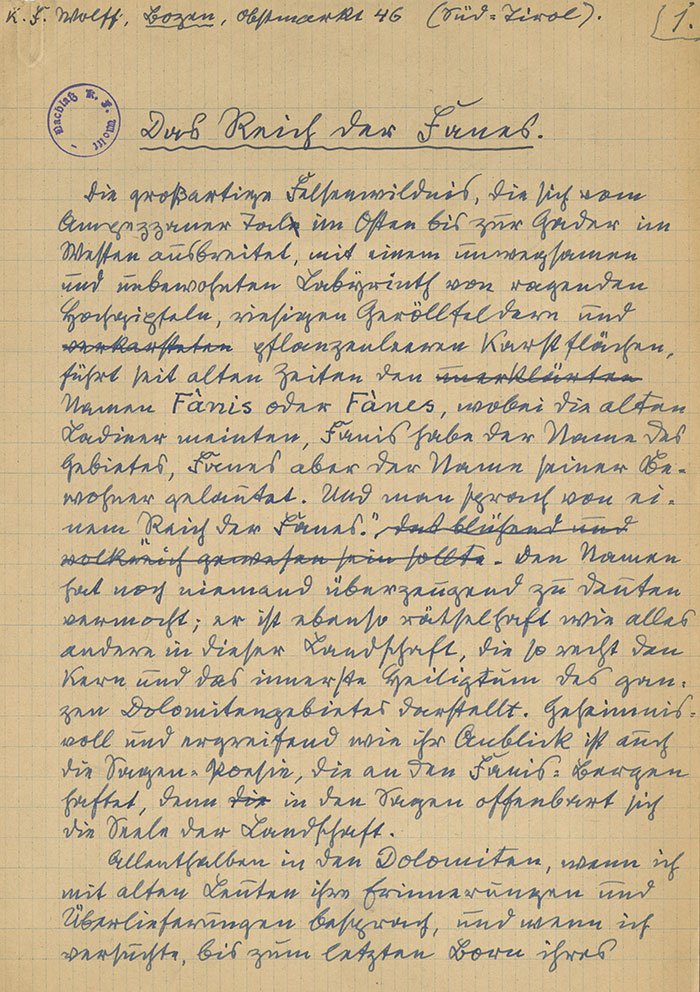 1. Seite des Manuskripts "Das Reich der Fanes" von Karl Felix Wolff (Sign. 031-006-004)