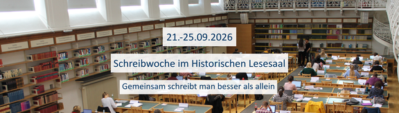 Innenansicht des Ágnes-Heller-Hauses und Text "09.-13.02.2026 | Schreibwoche im Ágnes-Heller-Haus. Gemeinsam schreibt man besser als allein"