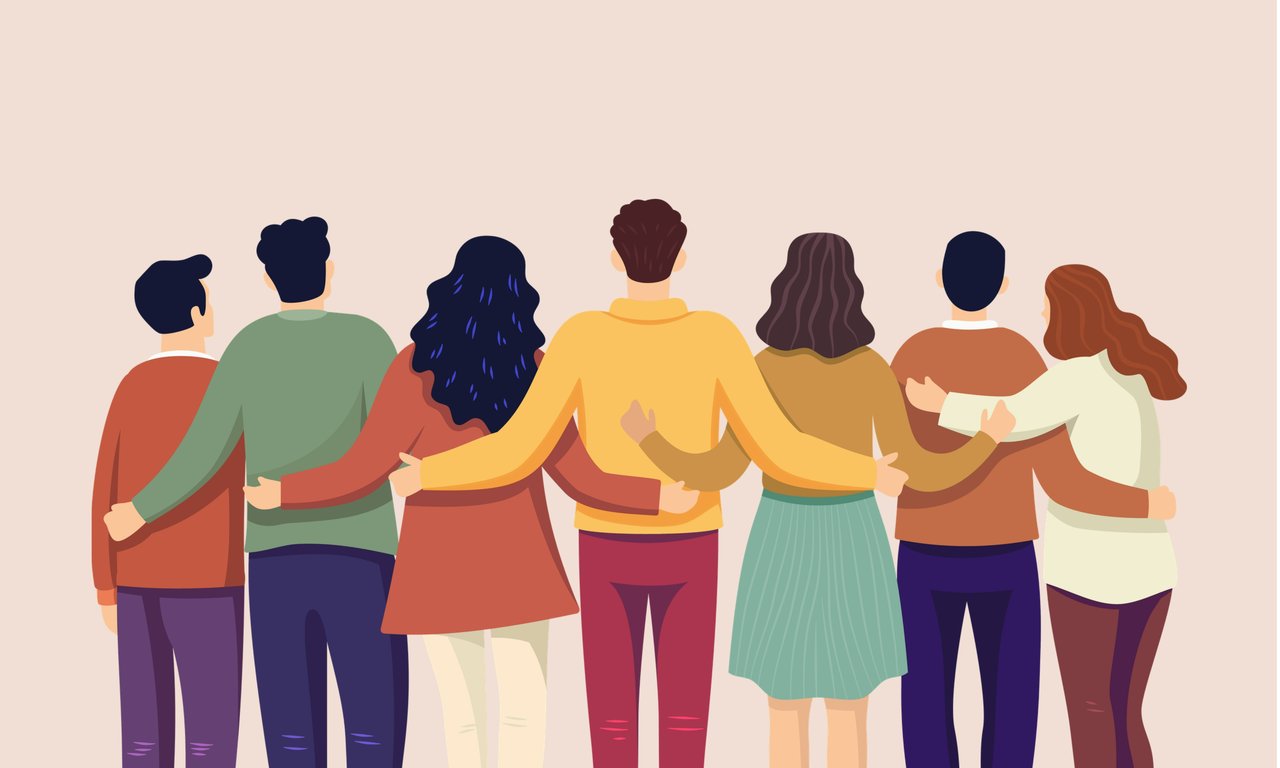 Menschen von hinten halten sich solidarisch